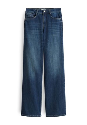 Jeans in denim blu scuro a gamba larga con una leggera scoloritura, caratterizzati da cinque tasche e una chiusura con bottone metallico in vita.