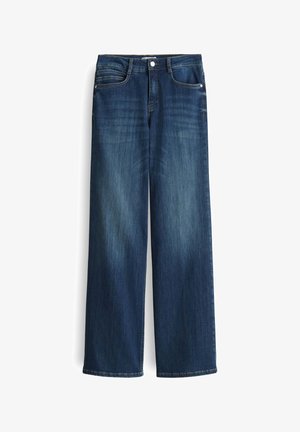 Wide-leg dark blue denim jeans with a slight fade, featuring five pockets and a metal button closure at the waist.