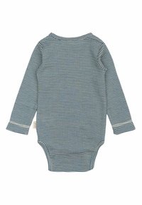 Body s dugim rukavima od mekanog pamuka s horizontalnim plavim i bijelim prugama, koji ima okrugli izrez, kopčanje na dugmiće i rebraste manžete.