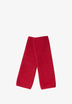 Röda stickade benvärmare med en mjuk, texturerad yta. Har elastiska öppningar för en säker passform. Enkelt, rak design utan mönster eller accenter.