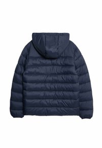 Marineblå dunjakke med hætte, der har et quiltet design og vandrette syninger. Glat tekstur med elastiske manchetter.