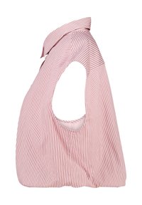 Punainen ja valkoinen raidallinen paita, jossa on suuri kädentieaukko, kauluksen pystykangas ja teksturoitu kangas. Ominaisuuksiin kuuluu löysä istuvuus.