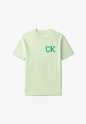 T-shirt verde chiaro a maniche corte con "CK" in grandi lettere verdi e la scritta piccola "Calvin Klein Est. 1968" sul petto a sinistra.