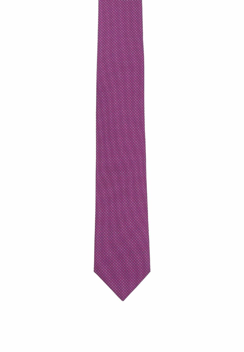 Purple tie with a textured pattern and small white dots, tapering design, and a pointed end. Made of smooth fabric.