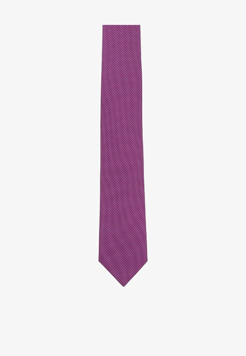 Purple tie with a textured pattern and small white dots, tapering design, and a pointed end. Made of smooth fabric.