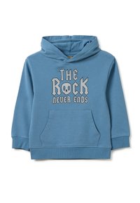 Sudadera azul hecha de algodón, con un bolsillo frontal y capucha con cordón. El texto impreso en el frente dice "EL ROCK NUNCA TERMINA" con una calavera.