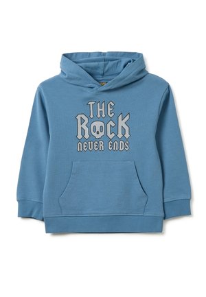 Blauwe hoodie van katoen, met een voorvak en een capuchon met trekkoord. Op de voorkant staat de tekst "DE ROTS NOOIT EINDIGT" met een doodskop.