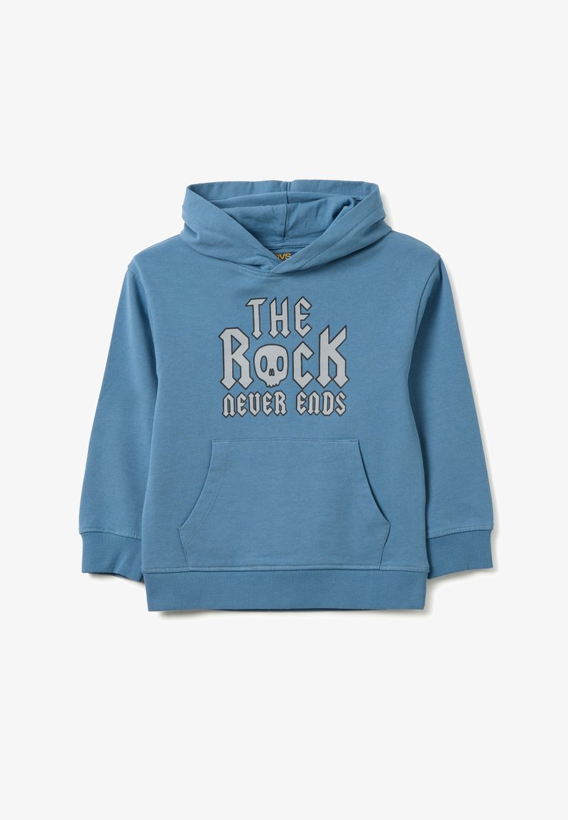 Sudadera azul hecha de algodón, con un bolsillo frontal y capucha con cordón. El texto impreso en el frente dice "EL ROCK NUNCA TERMINA" con una calavera.