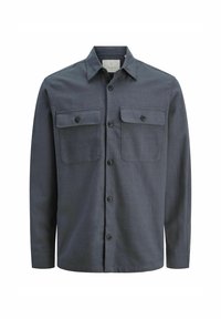 Mörkblå skjorta med knappar, tillverkad av ett tyg med slät yta. Har två bröstfickor och en spetsig krage. Framknäppning.