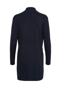 Vestido de punto azul marino con mangas largas, cuello y corte recto. Textura suave, puños y dobladillo acanalados. Vista trasera mostrada.