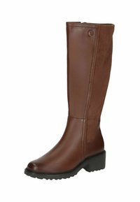 Botte marron jusqu'au genou avec un devant en cuir brillant et un dos en daim, bout rond, petit talon carré et fermeture éclair sur le côté. Semelle en caoutchouc texturé.