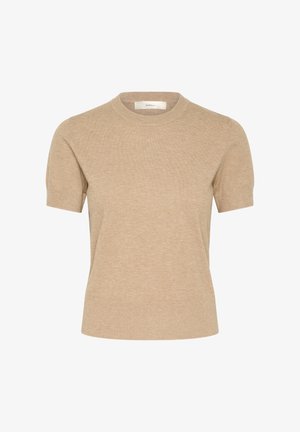 Beige short-sleeve knitted shirt featuring a round neckline and a slim fit. The texture is smooth with a subtle, even pattern.