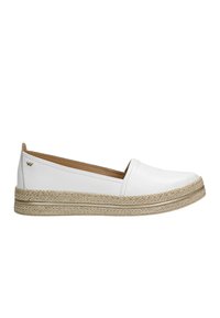 Espadrille en cuir blanc à enfiler avec une semelle en jute et caoutchouc. Présente une texture tissée et un accent logo subtile sur le côté.