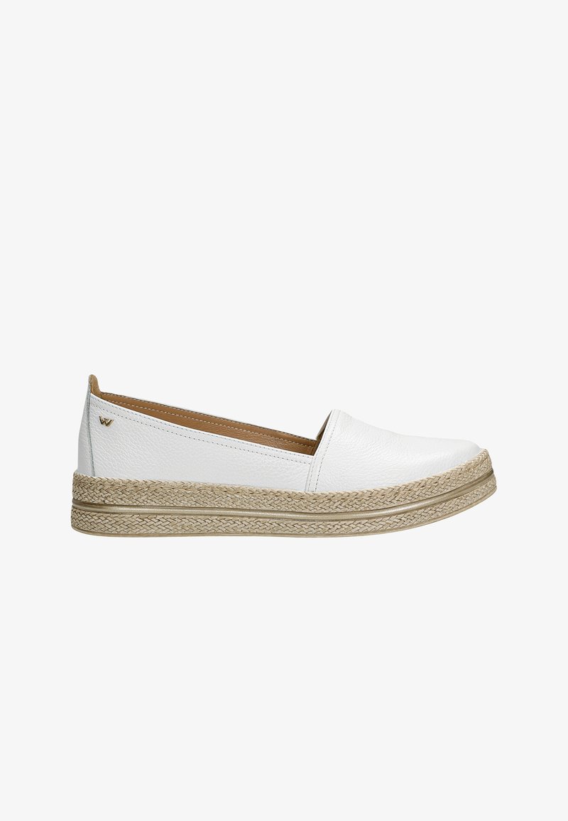 White leather espadrille slip-on shoe with a jute and rubber sole. Features a woven texture and subtle logo accent on the side.