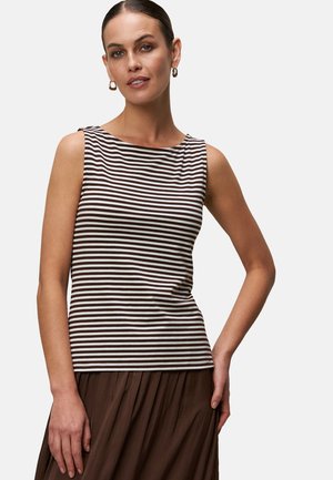 Striped sleeveless top in brown and white, featuring a round neckline and a smooth texture. Paired with a brown pleated skirt.