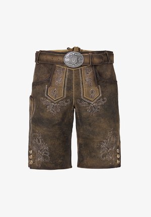Brown leather shorts featuring decorative floral embroidery, a wide belt with a silver-tone buckle, and button accents on the sides.