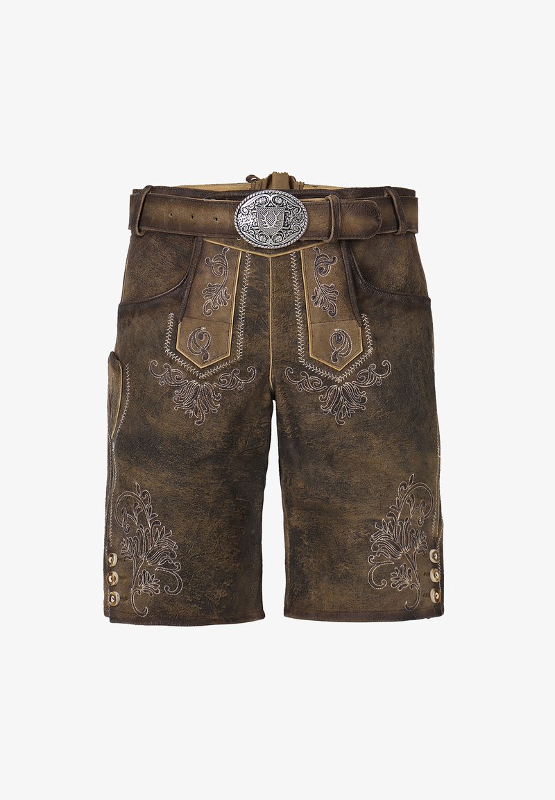 Brune lædershorts med dekorativ blomsterbroderi, et bredt bælte med en sølvfarvet spænde og knapdetaljer på siderne.