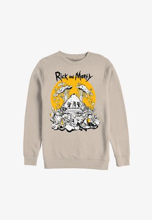 Beige sweatshirt with "Rick and Morty" text above a black-and-white illustration of the characters near a pyramid and stylized trees against an orange circle.