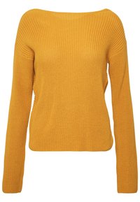 Mosterdgele gebreide trui met lange mouwen, boothals en een gestructureerd patroon. Voorzien van zijopeningen aan de zoom voor extra design.