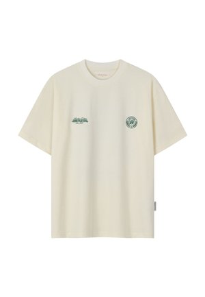 Off-white T-Shirt mit kurzen Ärmeln, kleinem grünem Text und rundem Logo auf der Brust, Rundhalsausschnitt und einem Stoffetikett an der Seitennaht.