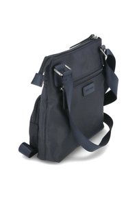 Borsa a tracolla blu navy realizzata in tessuto resistente, dotata di un ampio scomparto principale con zip, tasca anteriore, tracolla regolabile e forma rettangolare.