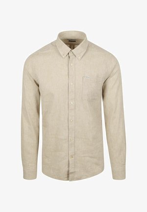 Beige overhemd met lange mouwen, knoopsluiting, knoopkraag en borstzak, gemaakt van lichtgewicht linnen stof.