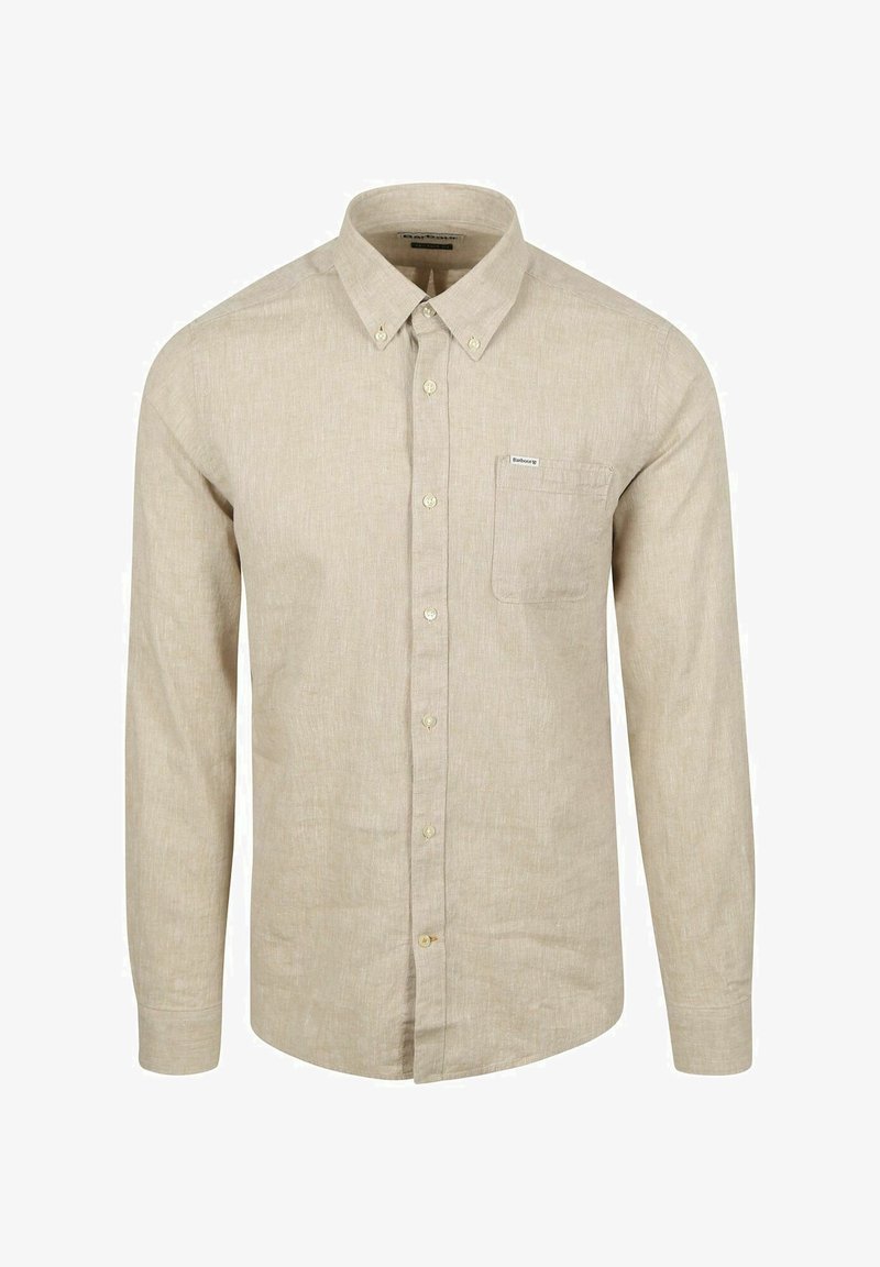 Beige overhemd met lange mouwen, knoopsluiting, knoopkraag en borstzak, gemaakt van lichtgewicht linnen stof.