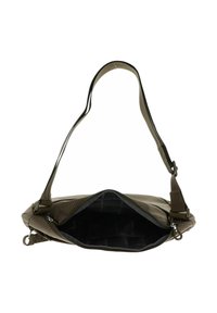 Sac bandoulière vert olive avec sangle réglable, fermeture éclair ouverte montrant un intérieur en tissu noir avec un motif textuel subtil.