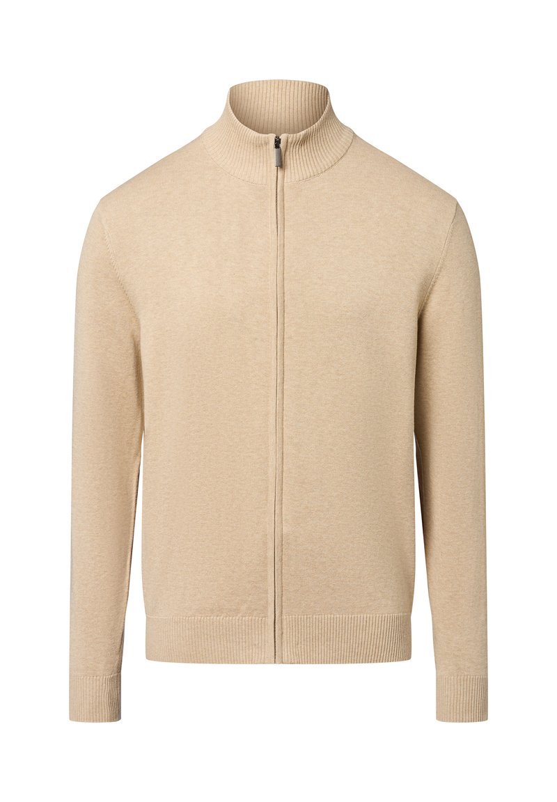 Beige Zip-Up-Pullover mit hohem Kragen, gerippten Bündchen und Saum. Hergestellt aus einem weichen Strickstoff mit glatter Textur und minimalen Nähdetails.