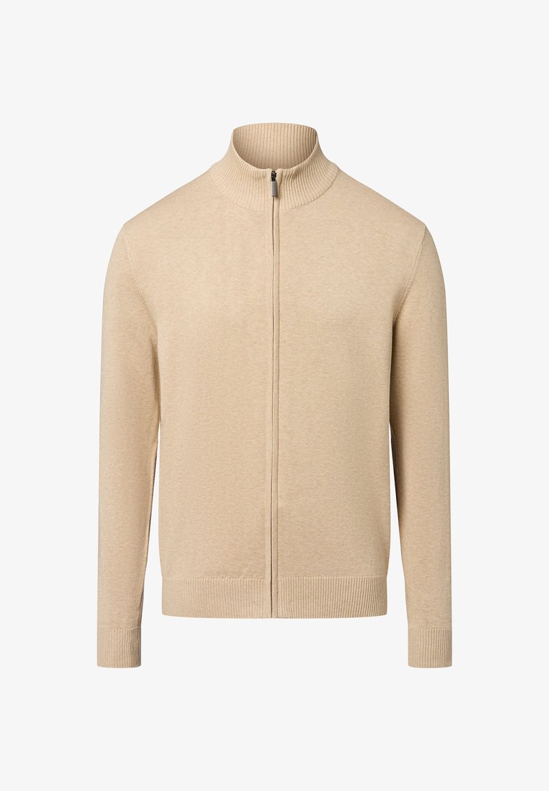 Beige Zip-Up-Pullover mit hohem Kragen, gerippten Bündchen und Saum. Hergestellt aus einem weichen Strickstoff mit glatter Textur und minimalen Nähdetails.