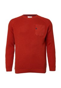 Maglione rosso realizzato in tessuto a maglia testurizzato, con una tasca con dettaglio bottone sul lato sinistro e polsini e orlo a costine.