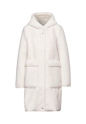 Cappotto bianco in pile con cappuccio, due tasche frontali, chiusura con bottoni e tessuto testurizzato. Fino al ginocchio con un aspetto morbido e fluffy.