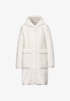 Abrigo de forro polar blanco con capucha, dos bolsillos frontales, cierre de botones y tejido texturizado. Largo hasta la rodilla con una apariencia suave y esponjosa.