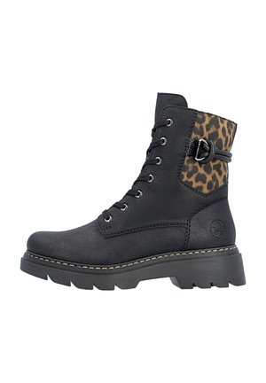 Black lace-up boot with thick sole, leopard print panel at the ankle, decorative buckle strap, and contrast stitching around the sole.