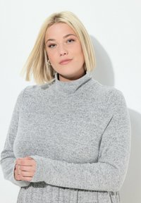 Pull en col roulé gris avec manches longues, fabriqué en tissu tricoté texturé. Présente un design ajusté et un col légèrement montant.