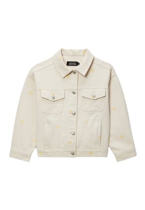 Veste en jean couleur crème avec boutons-pression argentés, deux poches poitrine et petits motifs de fleurs jaunes éparpillés sur le tissu.
