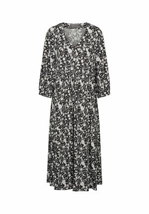 Zwarte midi-jurk met wit bloemenpatroon, V-hals, lange pofmouwen en een geplooide taille voor een vloeiende silhouet.