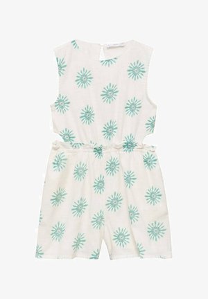 Weißer ärmelloser Jumpsuit mit runder Ausschnitt, taillierter Taille und türkisfarbenem Sternenmuster im gesamten Design. Schlüssel-Loch-Rückendetail.