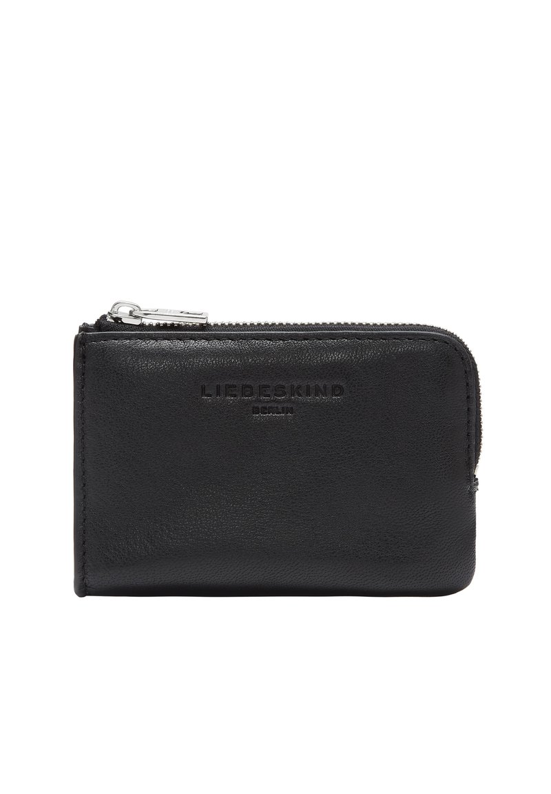Czarny skórzany portfel z zamkiem błyskawicznym. Teksturowana powierzchnia z wytłoczonym logo marki. Kompaktowy prostokątny kształt odpowiedni na karty i gotówkę.