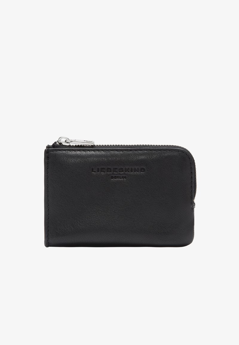 Czarny skórzany portfel z zamkiem błyskawicznym. Teksturowana powierzchnia z wytłoczonym logo marki. Kompaktowy prostokątny kształt odpowiedni na karty i gotówkę.