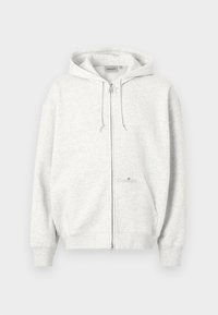 Φωτεινό γκρι φούτερ με φερμουάρ και κουκούλα, με τσέπες μπροστά, κορδόνια και διακριτικό λογότυπο Carhartt στην μπροστινή τσέπη.