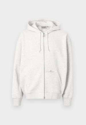 Φωτεινό γκρι φούτερ με φερμουάρ και κουκούλα, με τσέπες μπροστά, κορδόνια και διακριτικό λογότυπο Carhartt στην μπροστινή τσέπη.