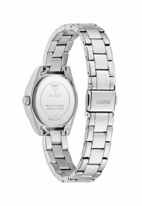 Orologio in acciaio inossidabile con bracciale e cassa argentati, dotato di un quadrante rotondo, resistenza all'acqua e finitura lucida con logo del marchio.