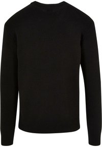 Pulover negru din tricot cu guler rotund, manșete și tiv cu petice, și o textură netedă. Are un design simplu, fără modele sau embellishments.