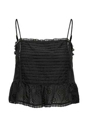 Schwarzes ärmelloses Top mit geschichteten Rüschchen, strukturierten Falten, Spitzenverzierung und gestickten Akzenten am Saum. Leichtes Material.