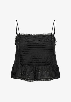 Schwarzes ärmelloses Top mit geschichteten Rüschchen, strukturierten Falten, Spitzenverzierung und gestickten Akzenten am Saum. Leichtes Material.