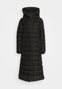 Piumino lungo nero con cappuccio, caratterizzato da un design trapuntato, tasche laterali e un taglio dritto che arriva a metà polpaccio.