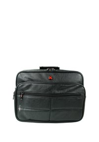 Zwarte leren laptoptas met een gladde textuur, twee met rits afgesloten compartimenten en een opvallend rood logo aan de voorkant.