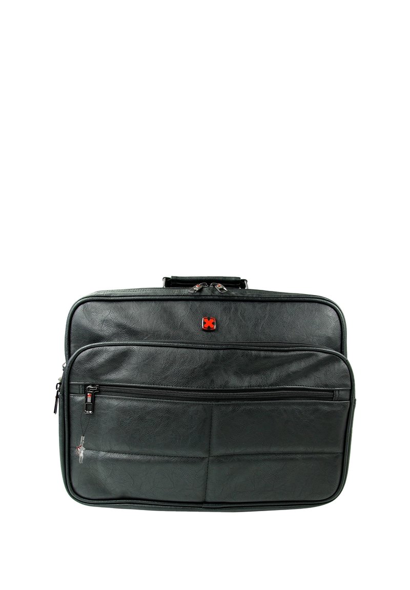 Zwarte leren laptoptas met een gladde textuur, twee met rits afgesloten compartimenten en een opvallend rood logo aan de voorkant.