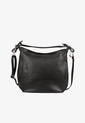 Zwarte leren schoudertas met een getextureerde afwerking, voorzien van een enkele verstelbare riem en een klein Italiaans vlagdetail.